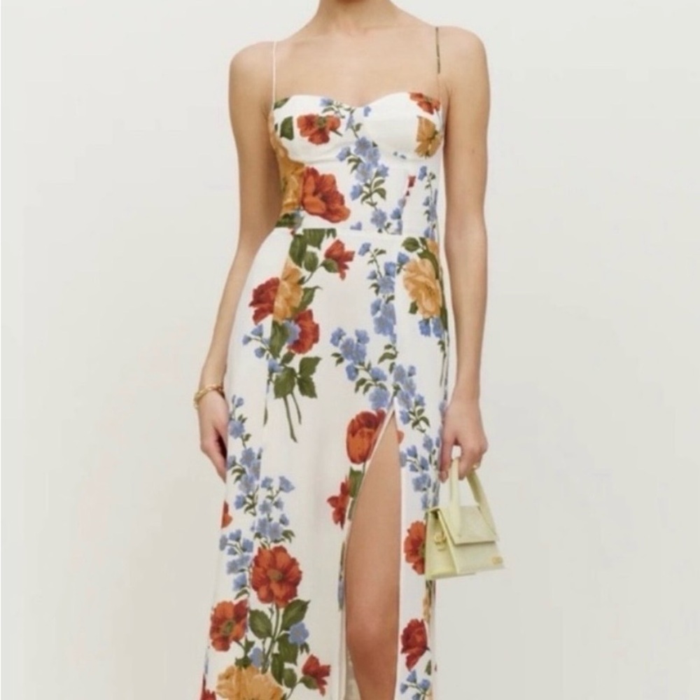 Reformation Strapless Floral Dress - White, Red, Blue